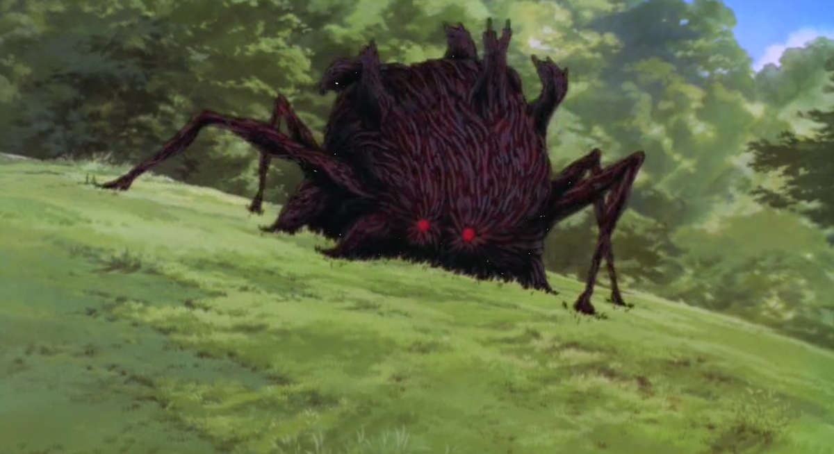 Demon boar staring down three girls from the village, about to attack.