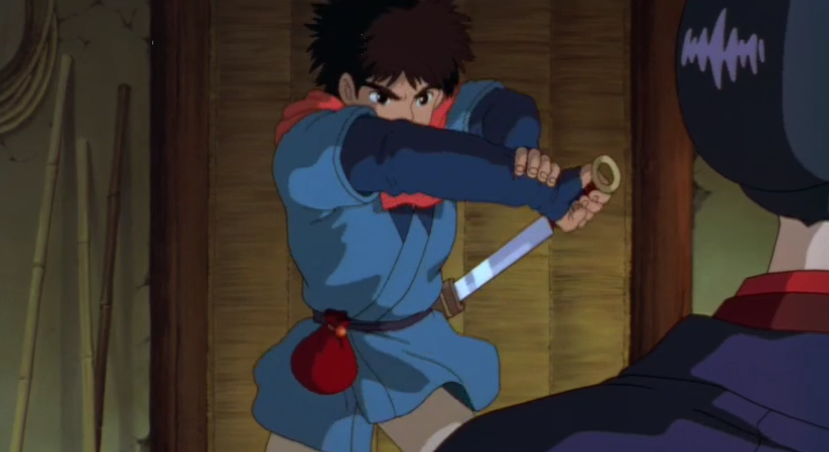Ashitaka being forced to draw his sword by his demon-infected arm against Lady Iboshi.
