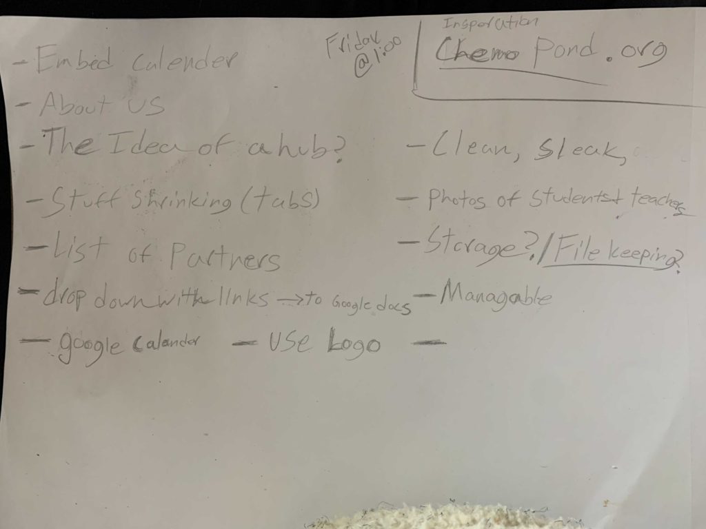 Notes that say, "Embed calendar, about us, the idea of a hub?, stuff shrinking (tabs), list of partners, drop down with links -> to Google Docs, Google Calendar, use logo, clean, sleek, photos of students and teachers, storage/file-keeping?, managable, etc." 