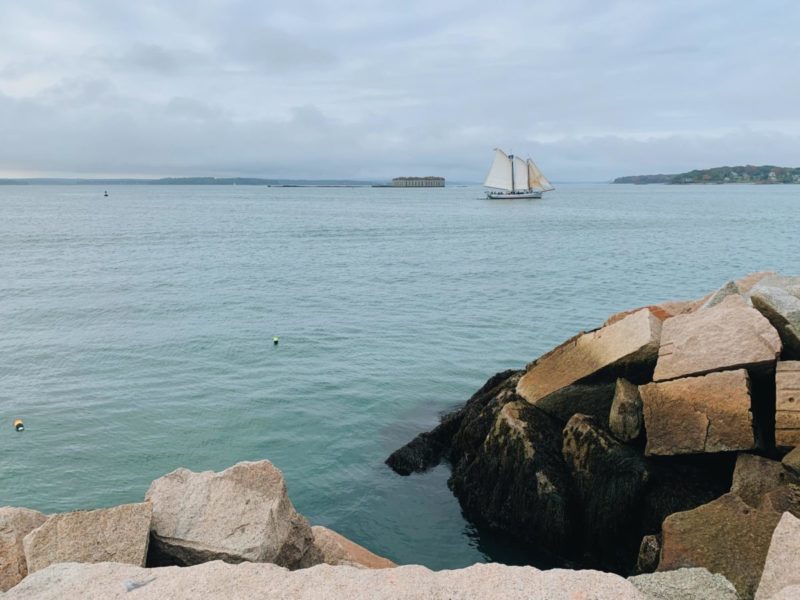 Sail boat seen from a distance, from the Lighthouse rocks